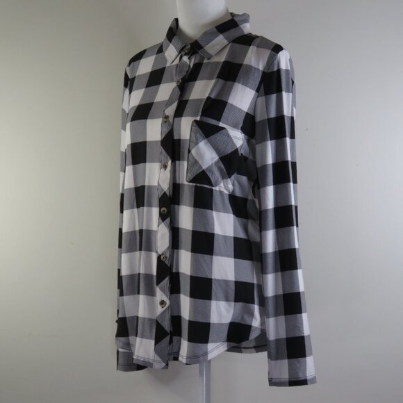 NWT No Comment Black & White Checkered Adjustable-Sleeves Button-Up Top Size L - Picture 5 of 9
